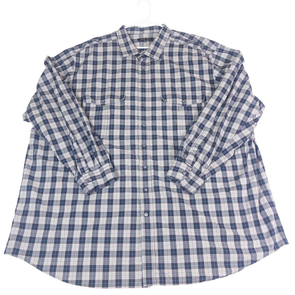 SYNRGY Mens Plaid Button Up Shirt 4XLT Grey Navy Blue Long Sleeve Epaulets 4XL‎